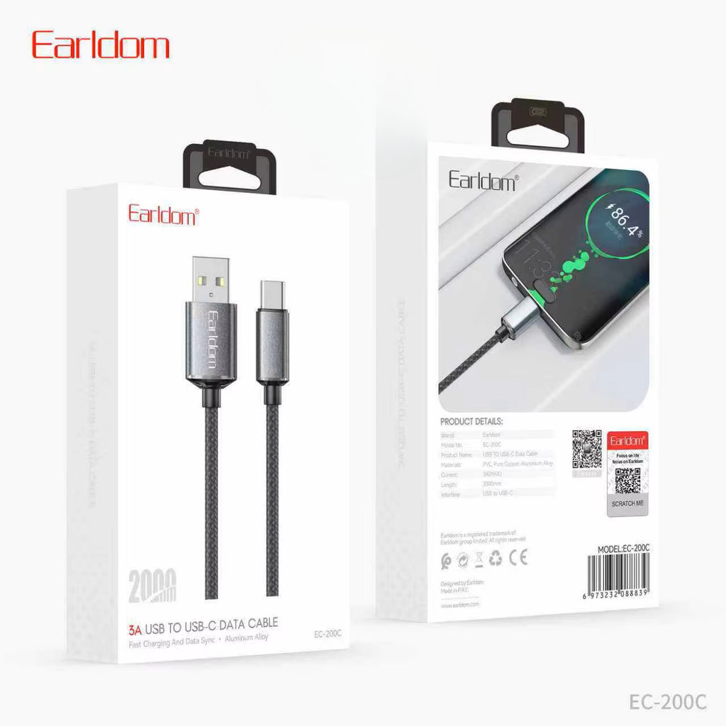 EARLDOM USB A to USB C 6FT. NYLON CABLE (BLACK)